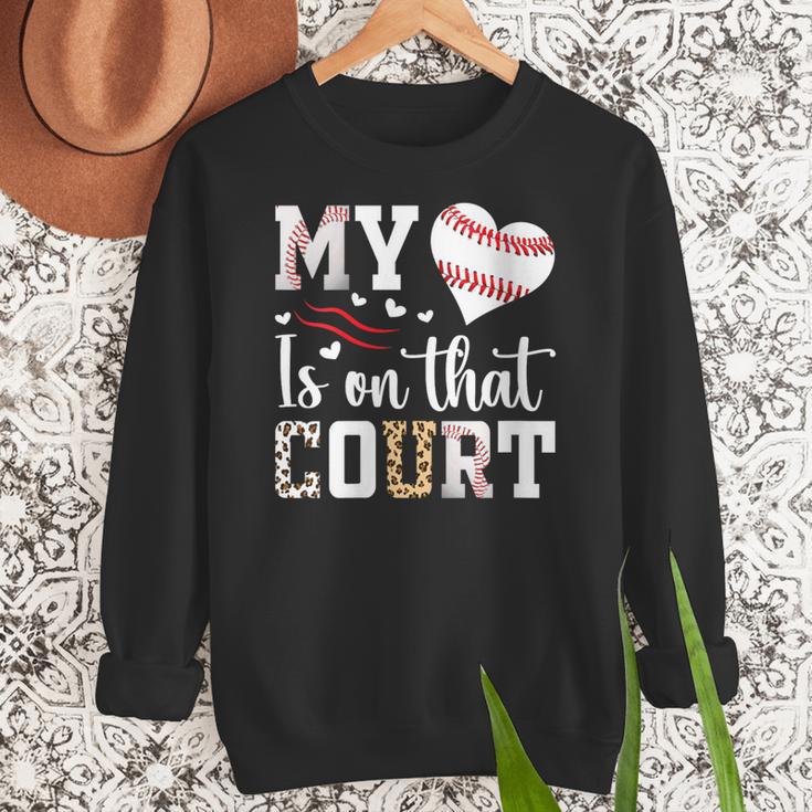 My Heart Is On That Court Baseball Player Baseball Mom Women Crewneck Sweatshirt