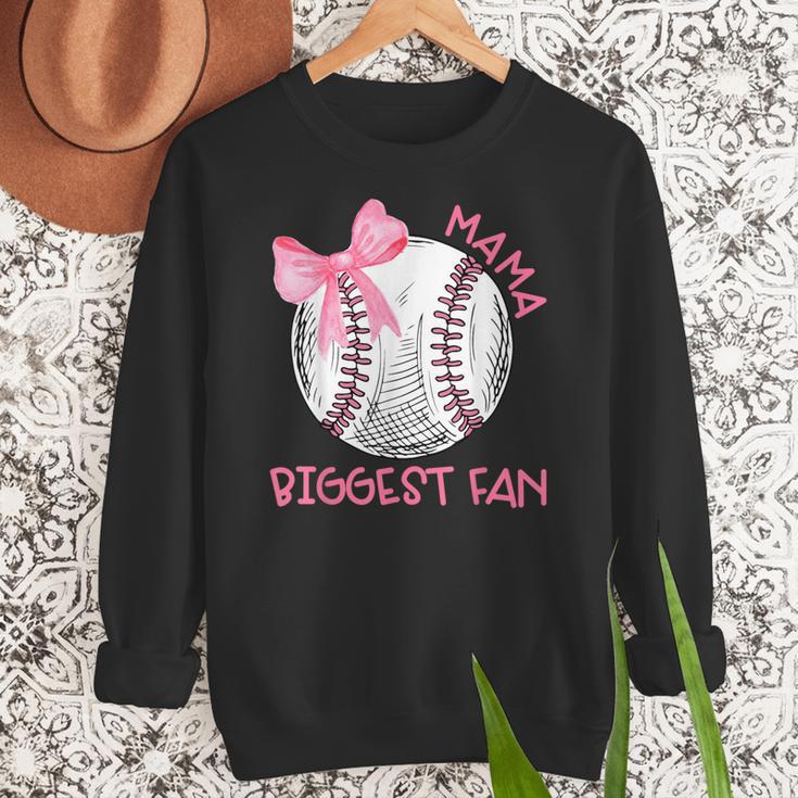 Mama Biggest Fan Coquette Bow Baseball Mom Fan Mother's Day Women Crewneck Sweatshirt