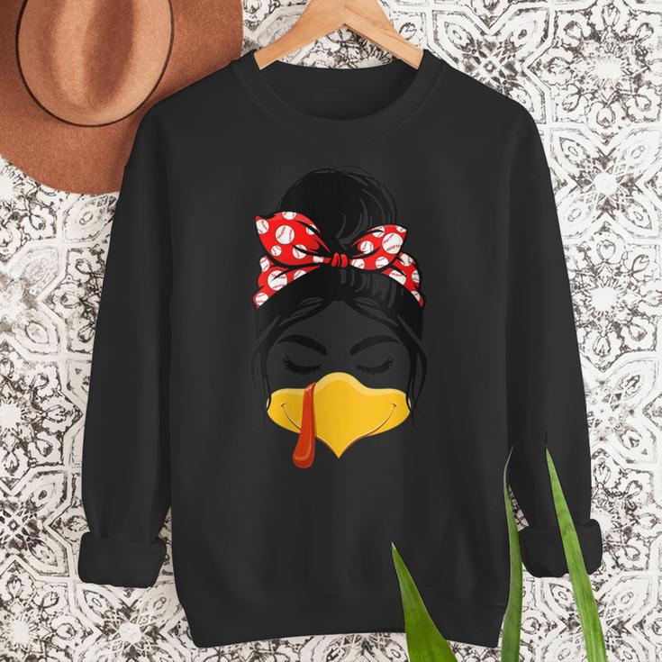 Messy Bun Baseball Mom Turkey Face Matching Thanksgiving Women Crewneck Sweatshirt Messy Bun Baseball Mom Turkey Face Matching Thanksgiving Women Crewneck Sweatshirt