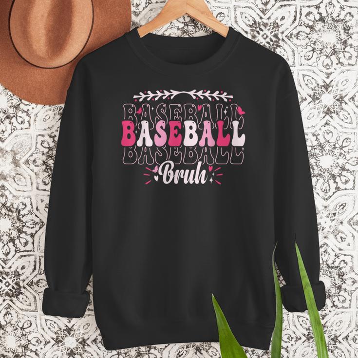 Retro Groovy Baseball Bruh Proud Baseball Mom Women Crewneck Sweatshirt