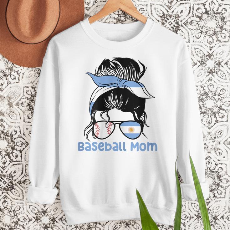 Argentina Baseball Mom Messy Bun Women Crewneck Sweatshirt Argentina Baseball Mom Messy Bun Women Crewneck Sweatshirt