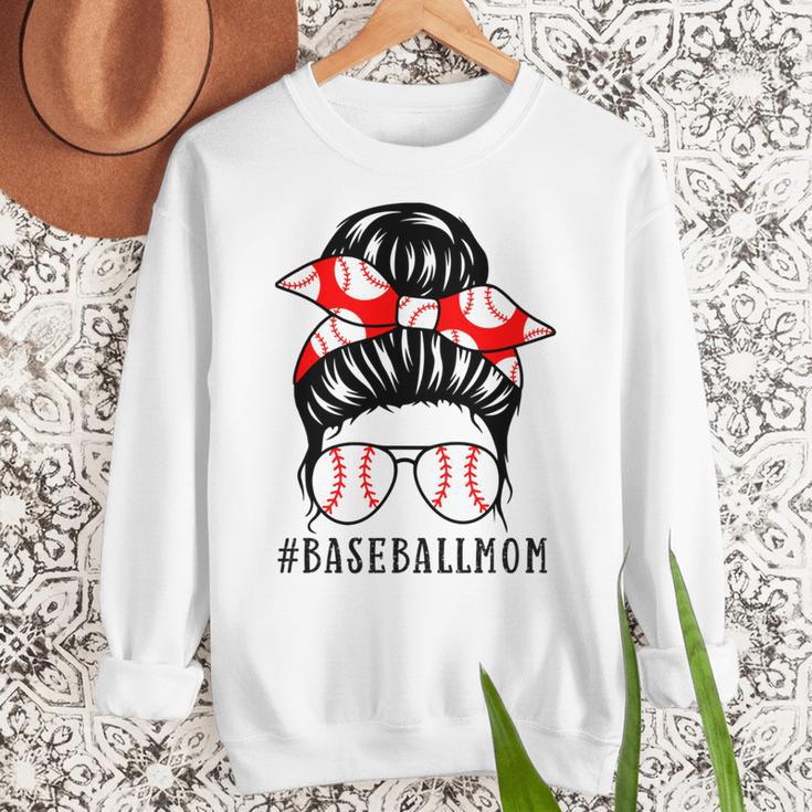 Baseball Mom Leopard Messy Bun Game Day Women Crewneck Sweatshirt