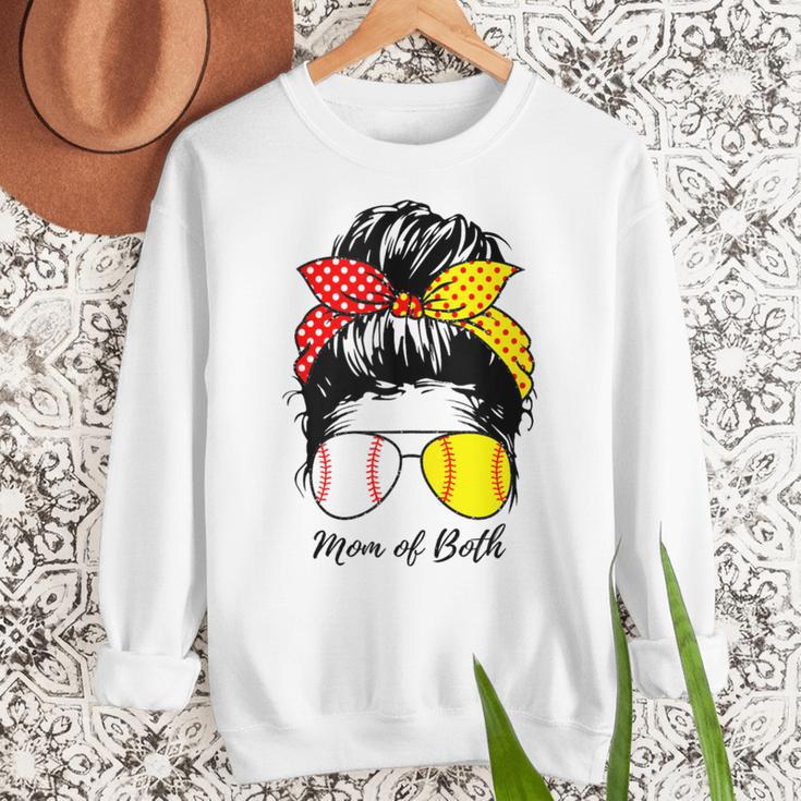 Baseball Mom Softball Mom Of Both Messy Bun Mother's Day Women Crewneck Sweatshirt