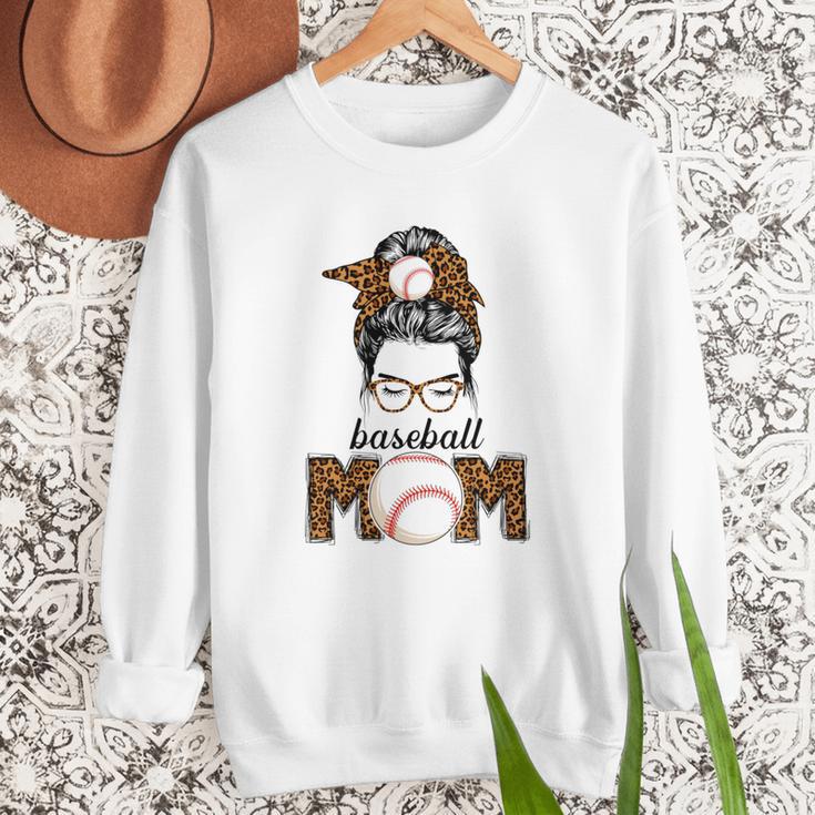 Baseball Mom Women Messy Bun Leopard Mother's Day Women Crewneck Sweatshirt
