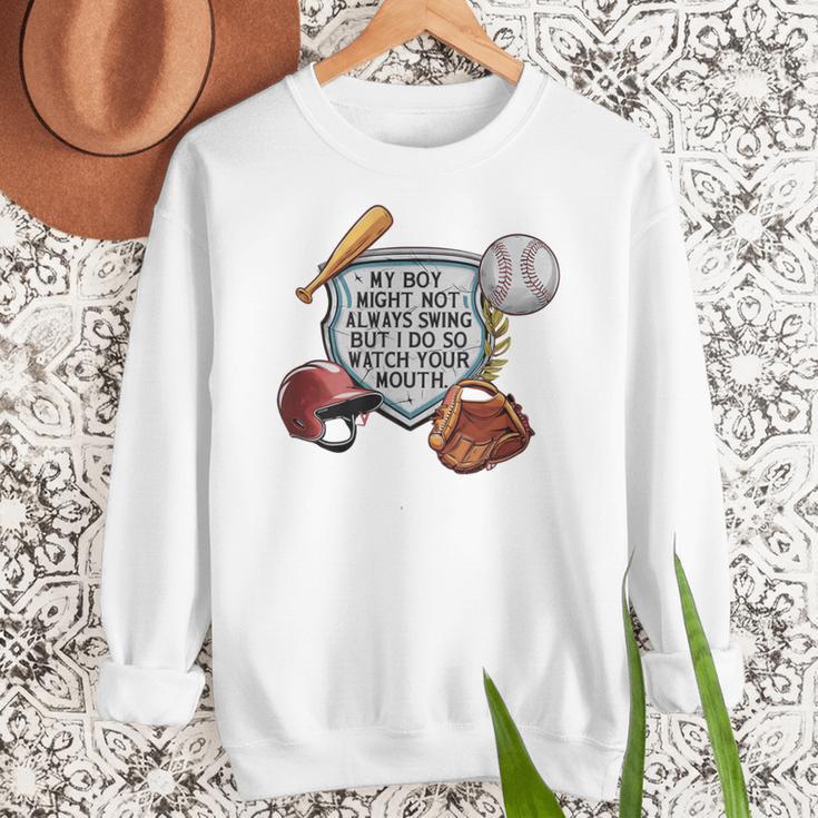 My Boy Might Not Always Swing Baseball Mom Premium Women Crewneck Sweatshirt My Boy Might Not Always Swing Baseball Mom Premium Women Crewneck Sweatshirt