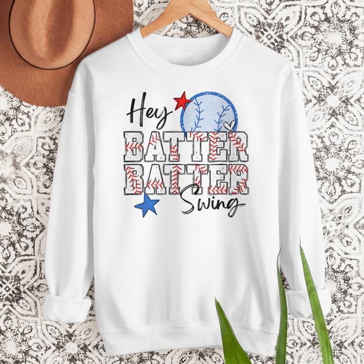 Hey Batter Batter Swing Graphic For Baseball Moms Women Crewneck Sweatshirt Hey Batter Batter Swing Graphic For Baseball Moms Women Crewneck Sweatshirt
