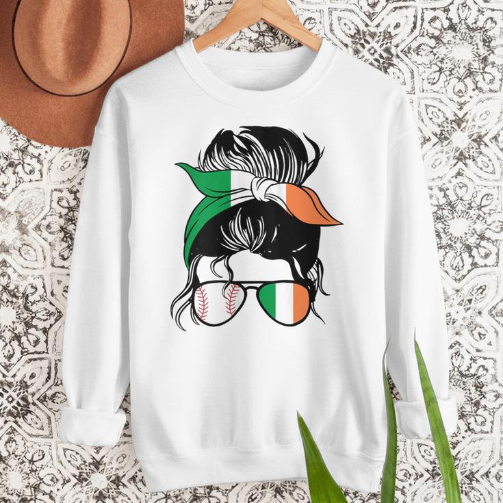 Ireland Baseball Mom Messy Bun Irish Baseball Girl Women Crewneck Sweatshirt