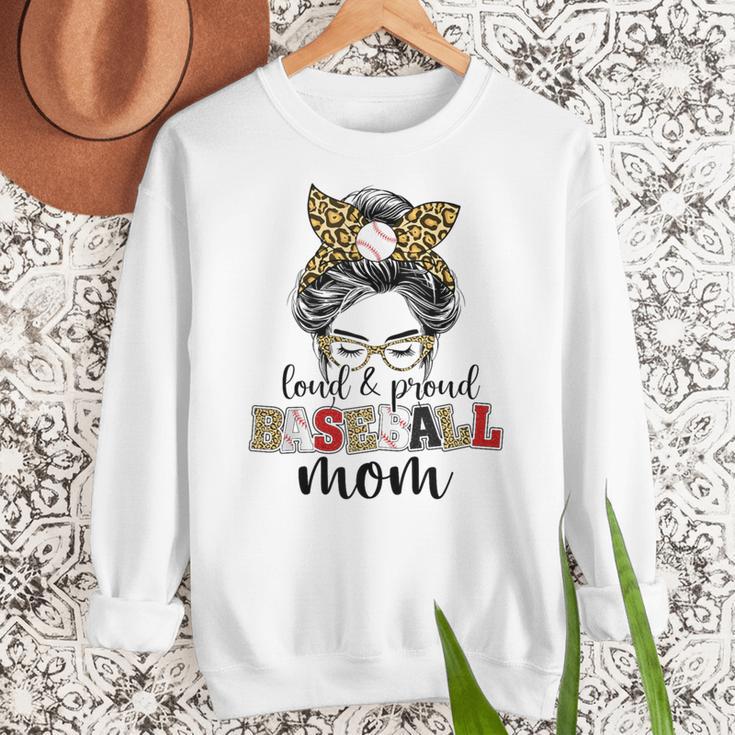 Loud And Proud Baseball Mom Messy Bun Leopard Baseball Mom Women Crewneck Sweatshirt