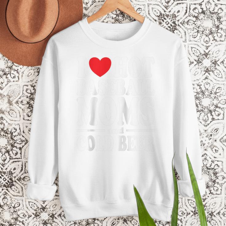 I Love Heart Hot Baseball Moms And Cold Beer Raglan Baseball Tee Women Crewneck Sweatshirt