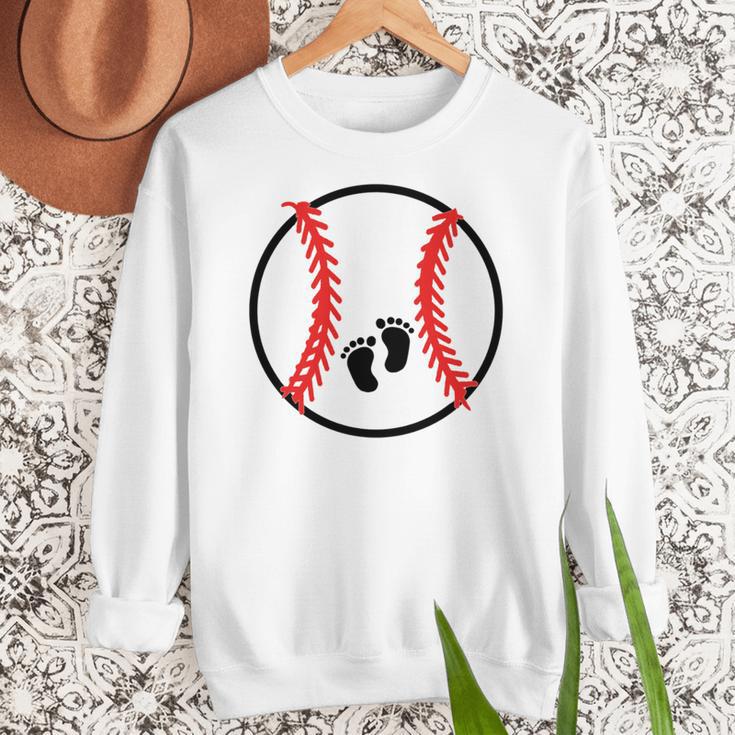 Pregnant Baseball Mom Pregnancy Announcement Baby Feet Belly Women Crewneck Sweatshirt