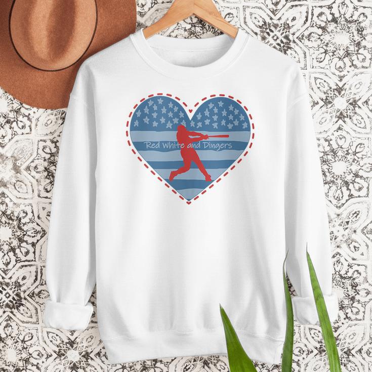 Primitive Patriotic American Baseball Mom Softball Dingers Women Crewneck Sweatshirt