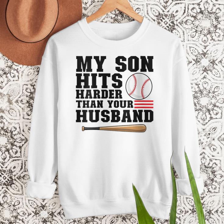 My Son Hits Harder Than Your Husband Baseball Mom Women Crewneck Sweatshirt