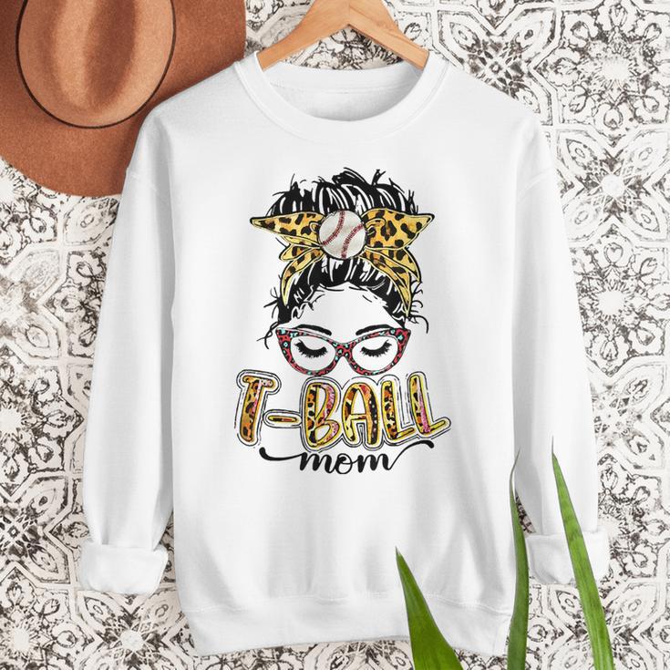 T Ball Mom Messy Bun Leopard Baseball Mom Leopard Women Crewneck Sweatshirt