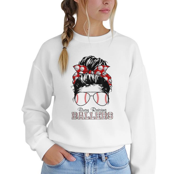Busy Raising Ballers Messy Bun Funny Baseball Mom Women Crewneck Sweatshirt