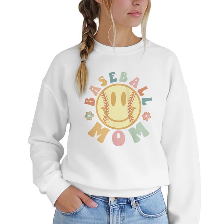 Groovy Retro Floral Happy Smiling Face Baseball Mom Women Crewneck Sweatshirt