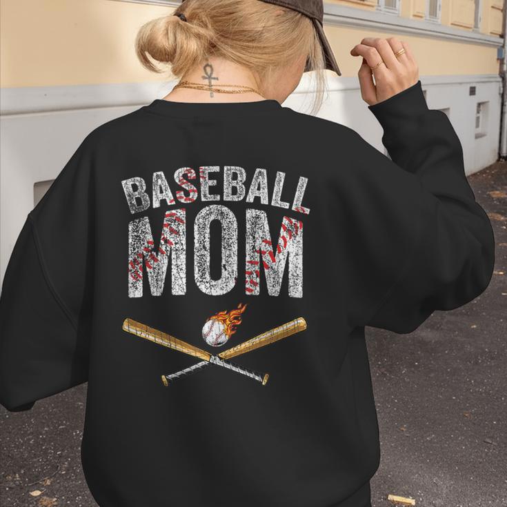 Baseball Mom Crossed Bats With Ball On Fire Distressed Women's Sweatshirt Back Print Baseball Mom Crossed Bats With Ball On Fire Distressed Women's Sweatshirt Back Print