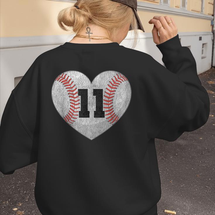 Baseball Number 11 Distressed Heart For Baseball Moms Women's Sweatshirt Back Print