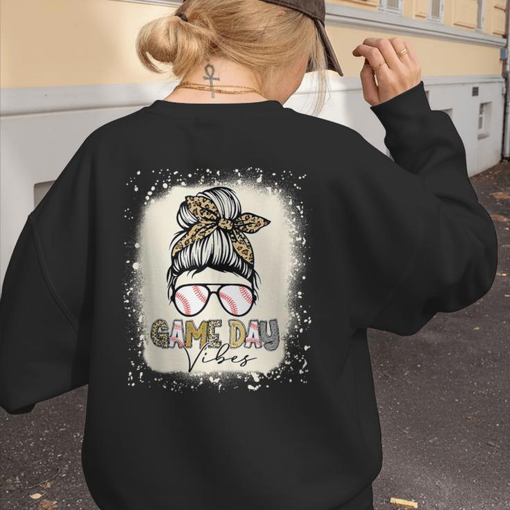 Bleached Messy Bun Game Day Vibes Baseball Mom Game Day Women's Sweatshirt Back Print Bleached Messy Bun Game Day Vibes Baseball Mom Game Day Women's Sweatshirt Back Print