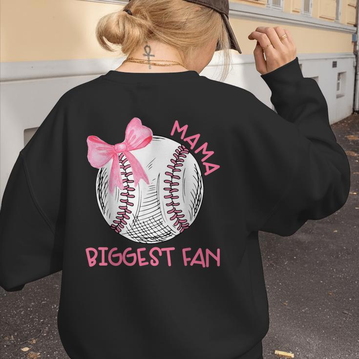 Mama Biggest Fan Coquette Bow Baseball Mom Fan Mother's Day Women's Sweatshirt Back Print