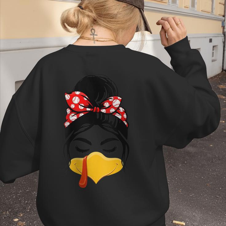 Messy Bun Baseball Mom Turkey Face Matching Thanksgiving Women's Sweatshirt Back Print