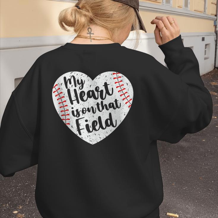 Retro My Heart Is On That Field Baseball Mom Mother's Day Women's Sweatshirt Back Print