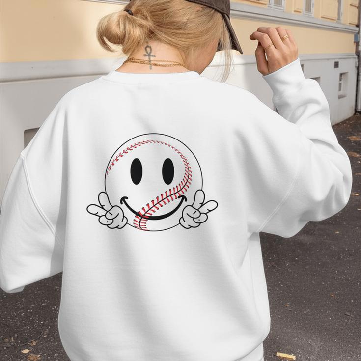 Baseball Mom Era Ball Mom Smile Face Groovy Mother's Day Women's Sweatshirt Back Print