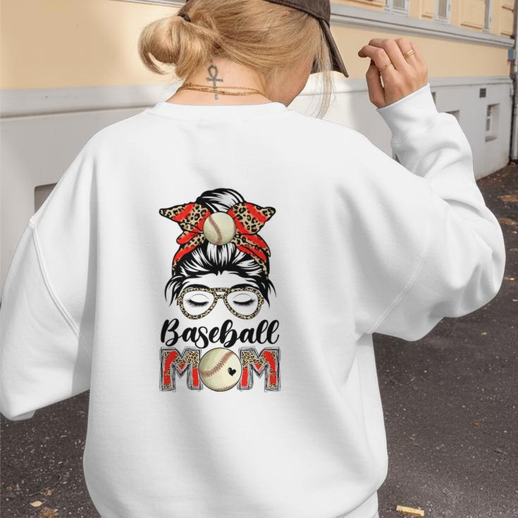 Baseball Mom Game Day Messy Bun Leopard Mother's Day Women's Sweatshirt Back Print Baseball Mom Game Day Messy Bun Leopard Mother's Day Women's Sweatshirt Back Print