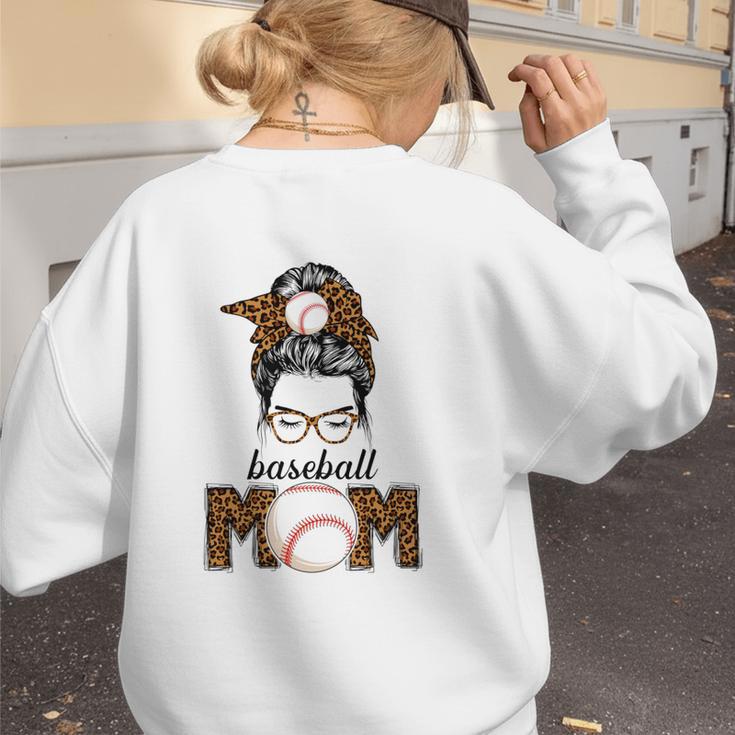 Baseball Mom Women Messy Bun Leopard Mother's Day Women's Sweatshirt Back Print Baseball Mom Women Messy Bun Leopard Mother's Day Women's Sweatshirt Back Print