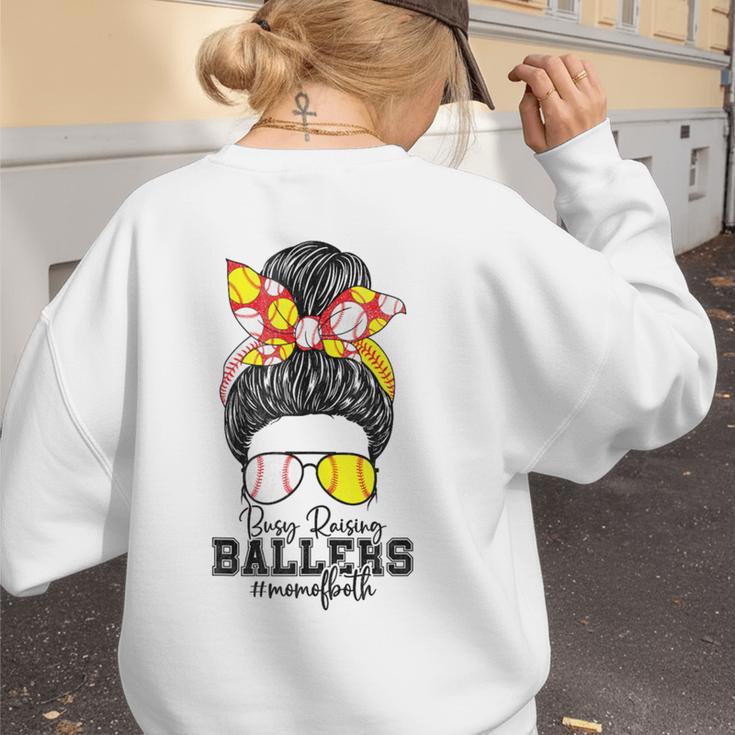 Busy Raising Ballers Softball Messy Bun Baseball Mom Women's Sweatshirt Back Print Busy Raising Ballers Softball Messy Bun Baseball Mom Women's Sweatshirt Back Print