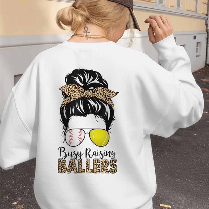Busy Raising Ballers Tennis Baseball Mom Messy Bun Leopard Women's Sweatshirt Back Print Busy Raising Ballers Tennis Baseball Mom Messy Bun Leopard Women's Sweatshirt Back Print