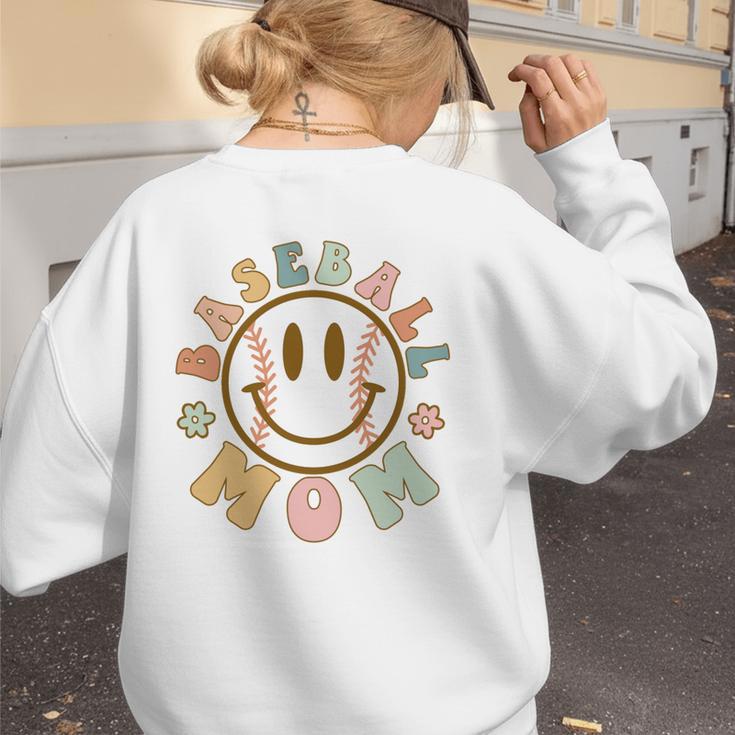 Happy Baseball Mom Groovy Retro Floral Smiling Face Women's Sweatshirt Back Print Happy Baseball Mom Groovy Retro Floral Smiling Face Women's Sweatshirt Back Print