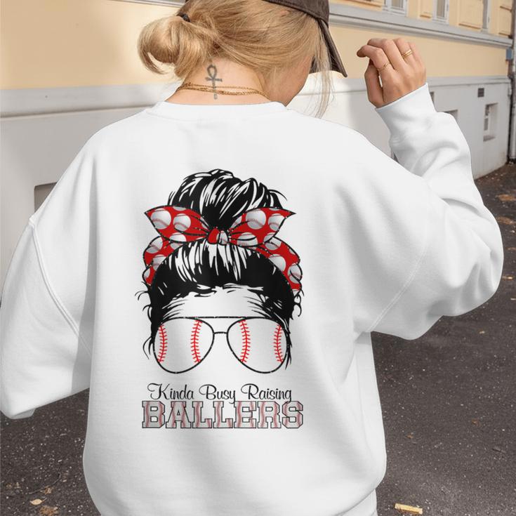 Kinda Busy Raising Ballers Messy Bun Funny Baseball Mom Women's Sweatshirt Back Print Kinda Busy Raising Ballers Messy Bun Funny Baseball Mom Women's Sweatshirt Back Print
