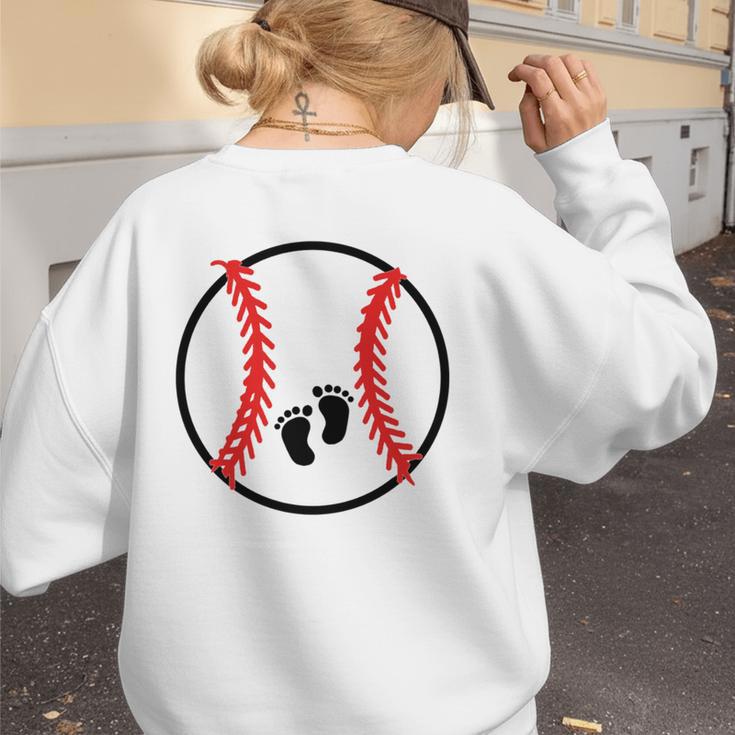 Pregnant Baseball Mom Pregnancy Announcement Baby Feet Belly Women's Sweatshirt Back Print