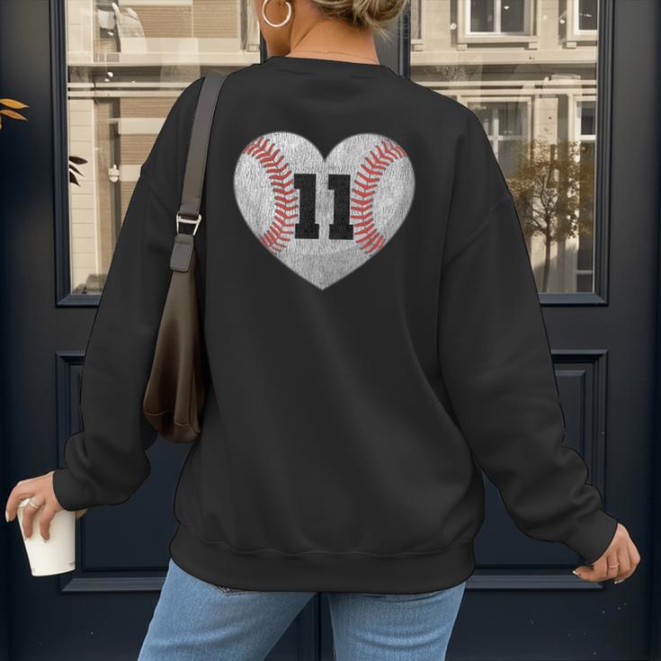 Baseball Number 11 Distressed Heart For Baseball Moms Women's Sweatshirt Back Print