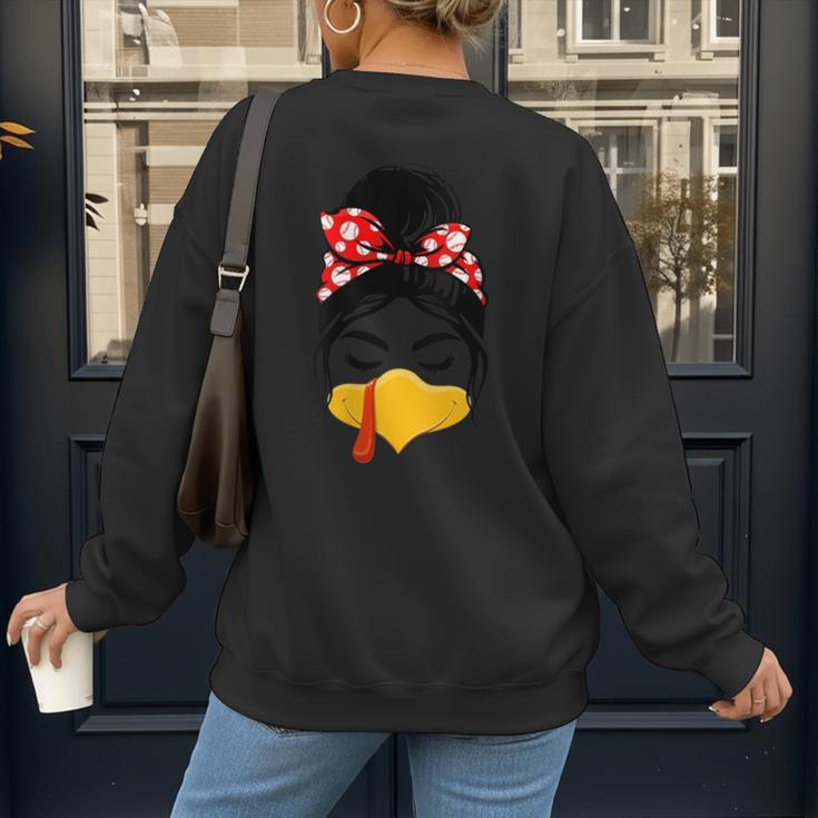 Messy Bun Baseball Mom Turkey Face Matching Thanksgiving Women's Sweatshirt Back Print