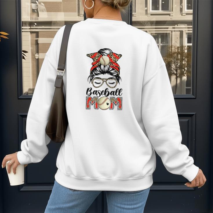 Baseball Mom Game Day Messy Bun Leopard Mother's Day Women's Sweatshirt Back Print Baseball Mom Game Day Messy Bun Leopard Mother's Day Women's Sweatshirt Back Print