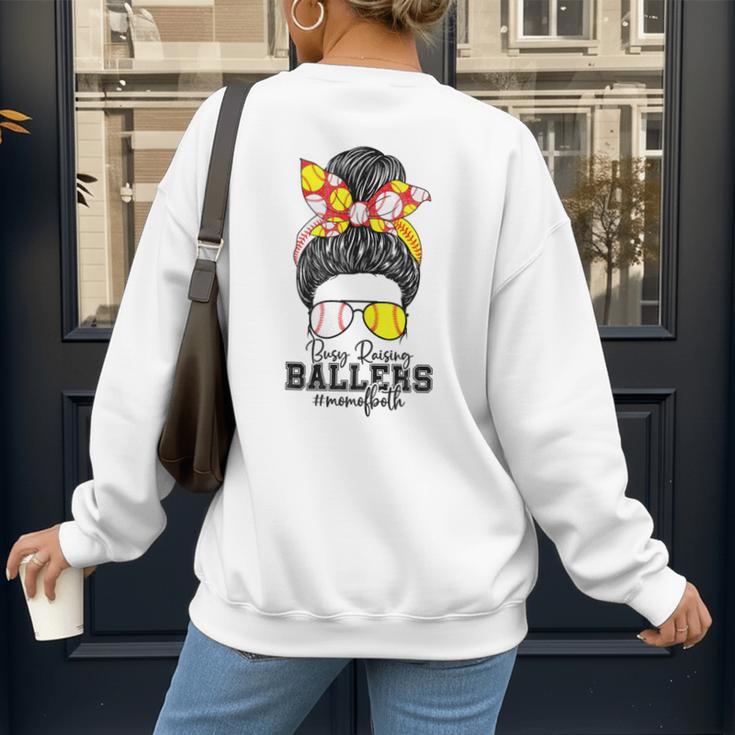 Busy Raising Ballers Softball Messy Bun Baseball Mom Women's Sweatshirt Back Print Busy Raising Ballers Softball Messy Bun Baseball Mom Women's Sweatshirt Back Print