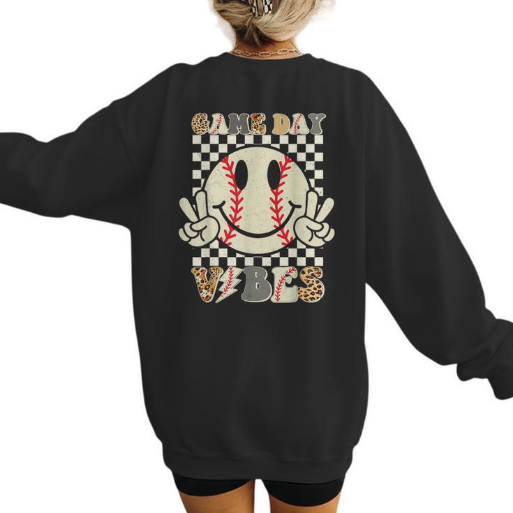 Women Kids Baseball Game Day Vibes Smile Baseball Mom Women's Sweatshirt Back Print