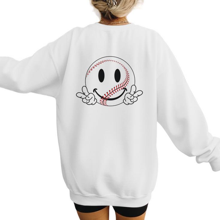 Baseball Mom Era Ball Mom Smile Face Groovy Mother's Day Women's Sweatshirt Back Print