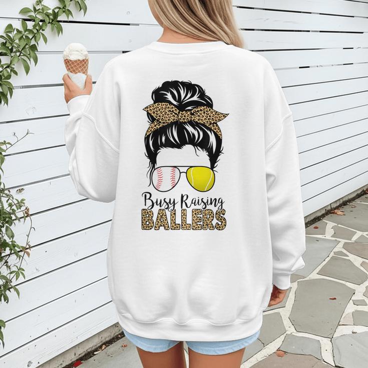 Busy Raising Ballers Tennis Baseball Mom Messy Bun Leopard Women's Sweatshirt Back Print Busy Raising Ballers Tennis Baseball Mom Messy Bun Leopard Women's Sweatshirt Back Print