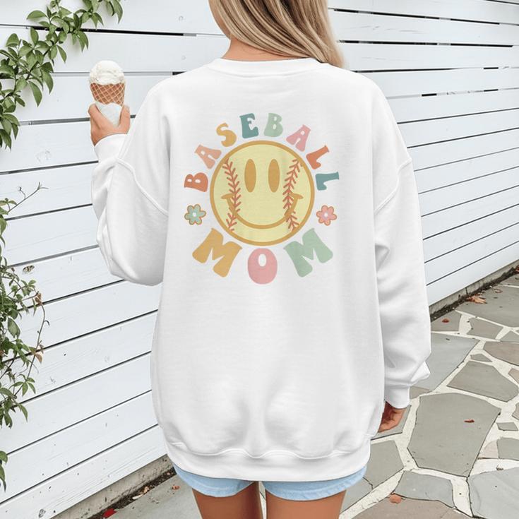 Groovy Retro Floral Happy Smiling Face Baseball Mom Women's Sweatshirt Back Print Groovy Retro Floral Happy Smiling Face Baseball Mom Women's Sweatshirt Back Print