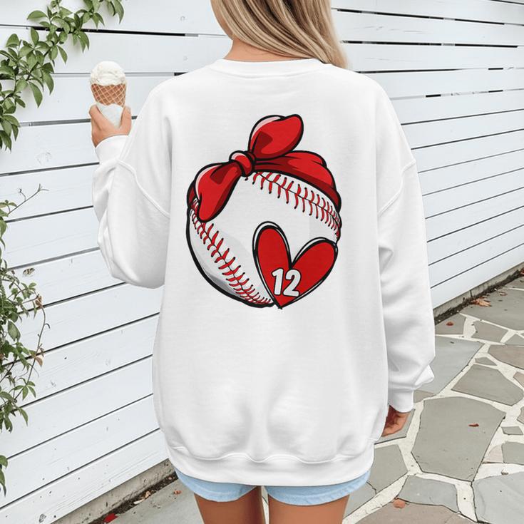 Womens Custom Baseball Mom Number 12 Heart For Mom Mommy Premium Women's Sweatshirt Back Print