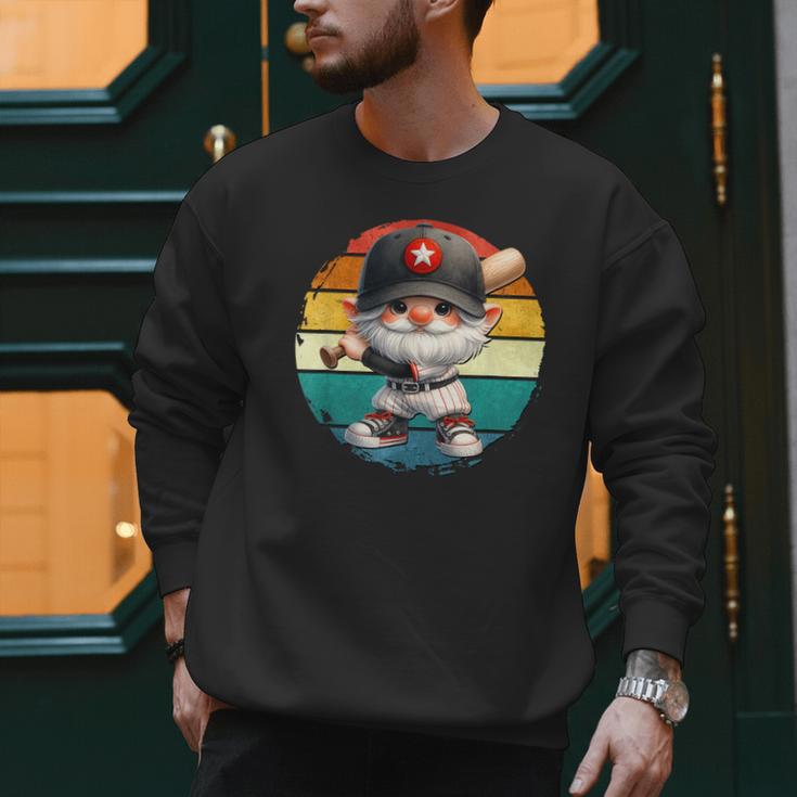 Baseball Grandpa Gnome On A Retro Sunset For Baseball Dad Men Sweatshirt