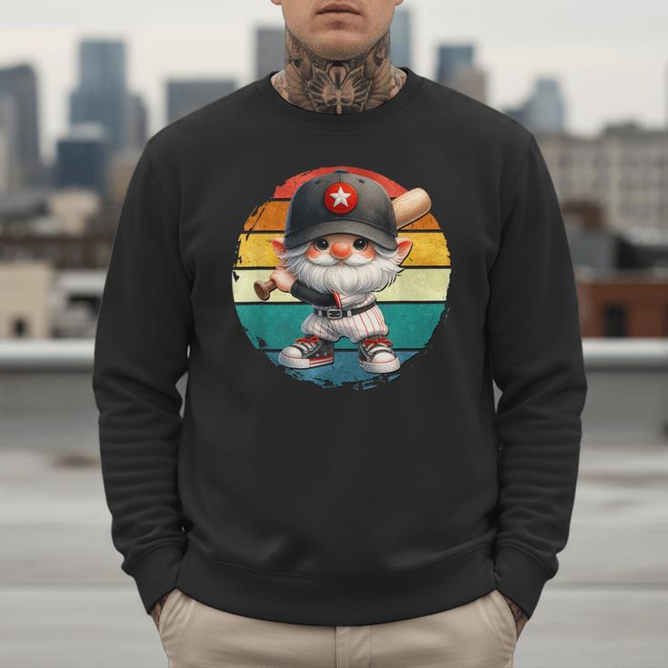 Baseball Grandpa Gnome On A Retro Sunset For Baseball Dad Men Sweatshirt