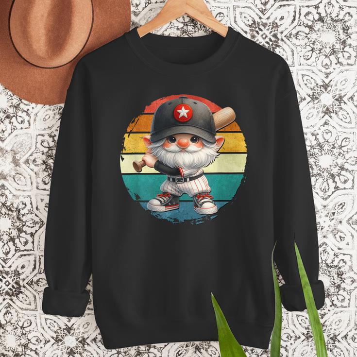 Baseball Grandpa Gnome On A Retro Sunset For Baseball Dad Men Sweatshirt