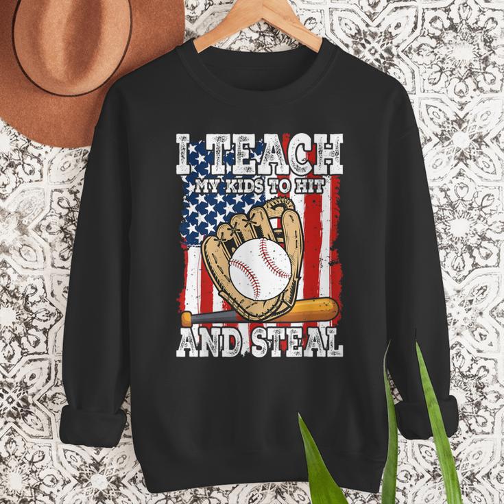 I Teach My Kids To Hit And Steal Baseball Dad American Flag Men Sweatshirt