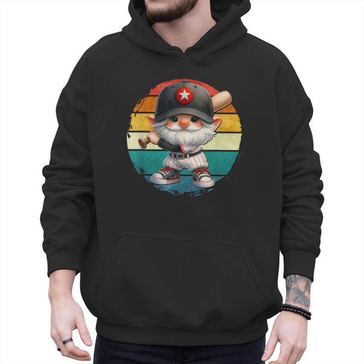 Baseball Grandpa Gnome On A Retro Sunset For Baseball Dad Men Hoodie