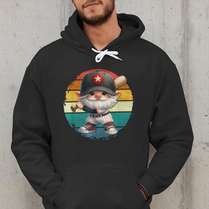 Baseball Grandpa Gnome On A Retro Sunset For Baseball Dad Men Hoodie