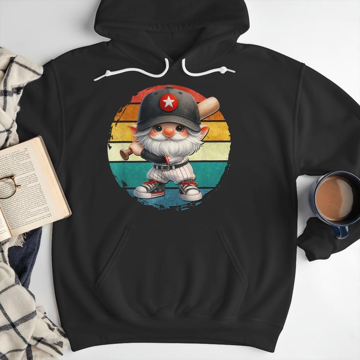 Baseball Grandpa Gnome On A Retro Sunset For Baseball Dad Men Hoodie