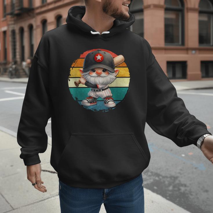 Baseball Grandpa Gnome On A Retro Sunset For Baseball Dad Men Hoodie